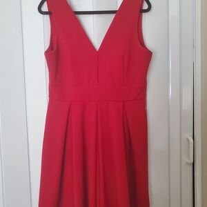 Haute Monde Vibrant Red Midi Dress with V-Neck